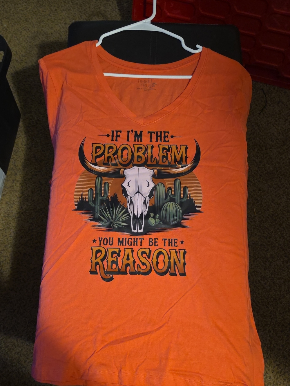 Time and Tru Orange Graphic V‑Neck Tee - Desert Skull Print